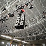12″ line array loudspeakers in sports hall